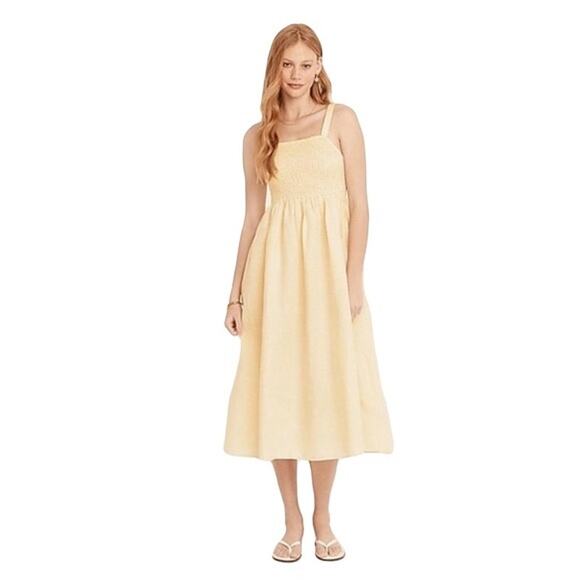 NWOT J CREW Dress XL Linen-Cotton Cream Fit&Flare Smocked Pleated Midi Straps - Picture 1 of 5